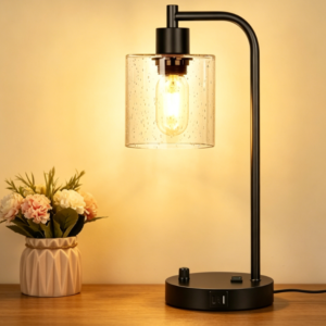 Set of 2 Industrial Table Lamps with 2 USB Port, Fully Stepless Dimmable Bedside Lamps for bedrooms, Nightstand Desk Lamps with Seeded Glass Shade for Reading Living Room Office 2  Bulb Included
